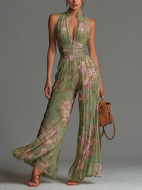 Tuta in Chiffon Verde Floreale Senza Maniche con Zip