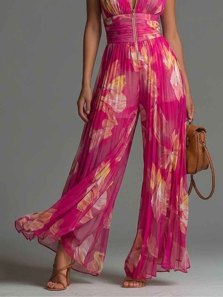 Jumpsuit senza maniche in chiffon plissettato a gamba larga con stampa floreale fucsia