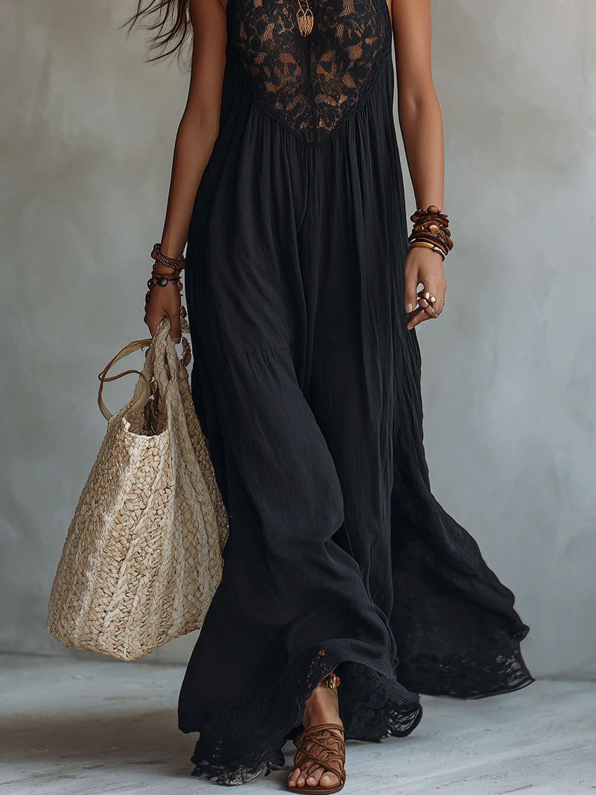 Abito Maxi Nero Senza Maniche con Pizzo Bohemien — Lucia Toscana (5)