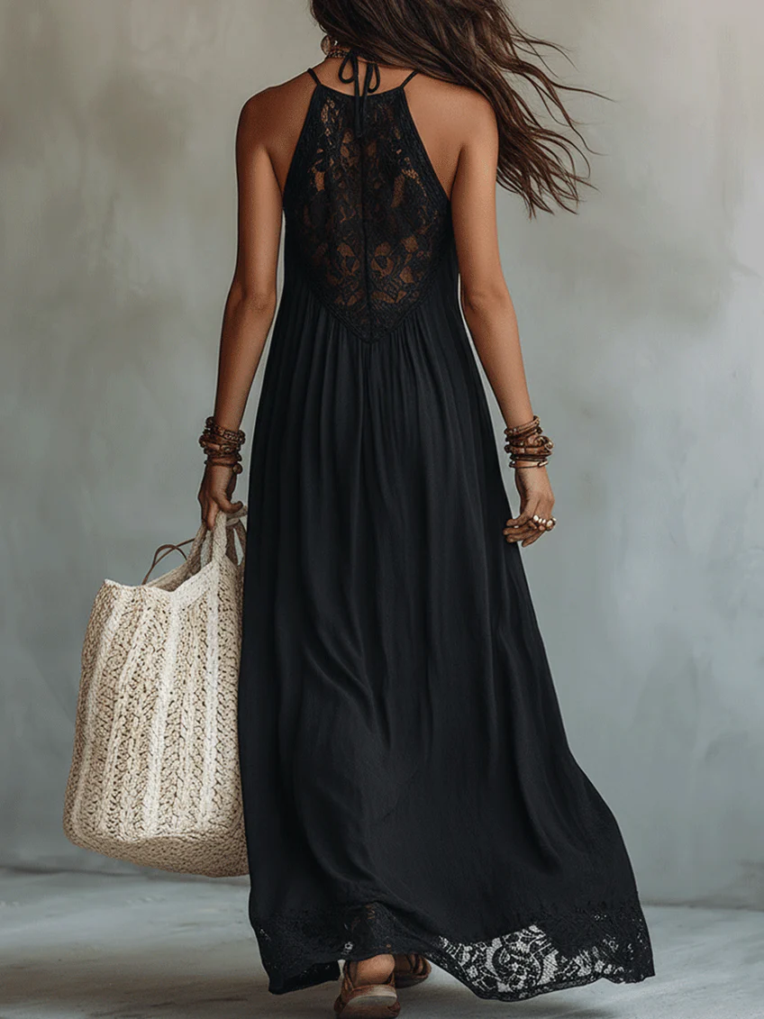 Abito Maxi Nero Senza Maniche con Pizzo Bohemien — Lucia Toscana (2)