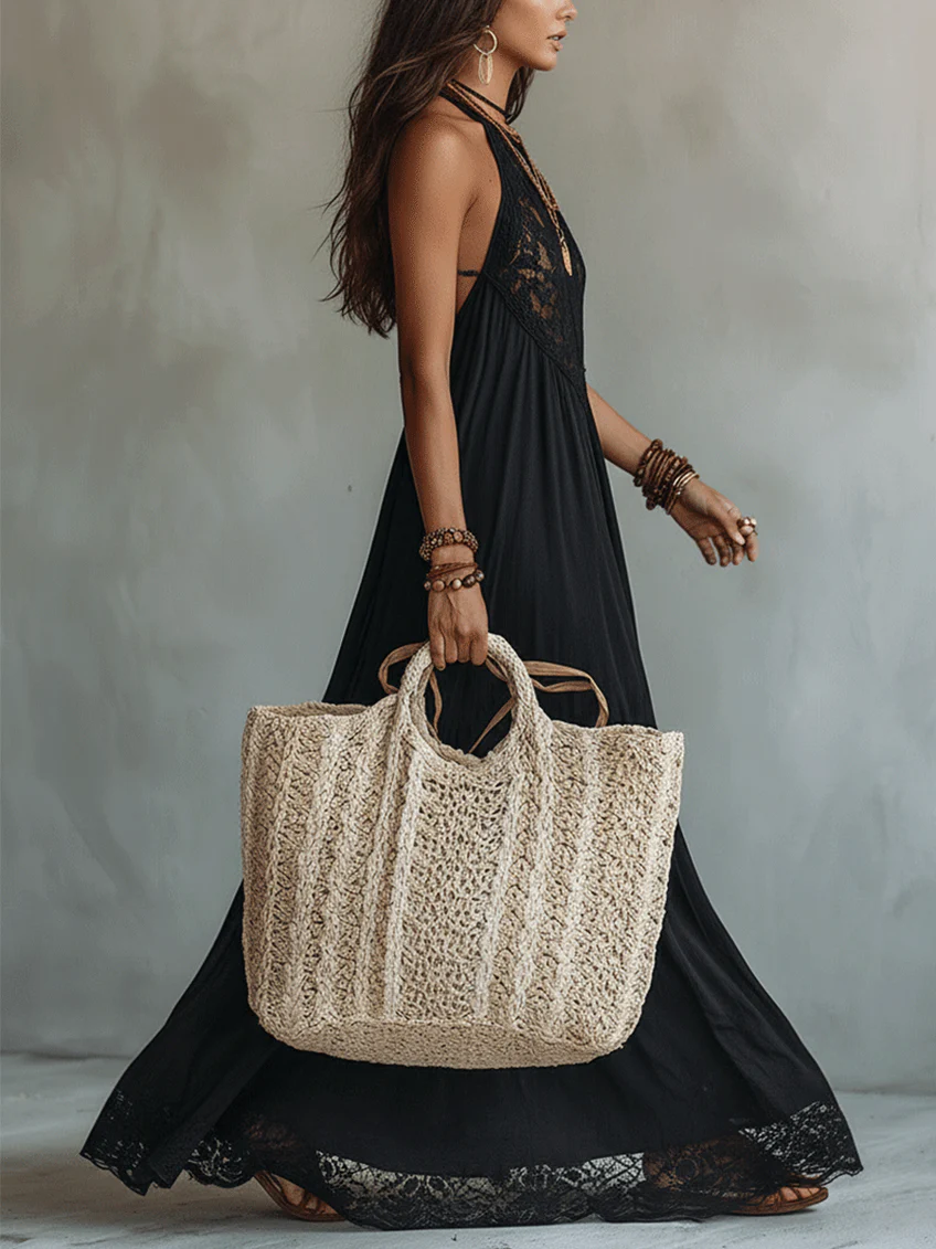 Abito Maxi Nero Senza Maniche con Pizzo Bohemien — Lucia Toscana (3)