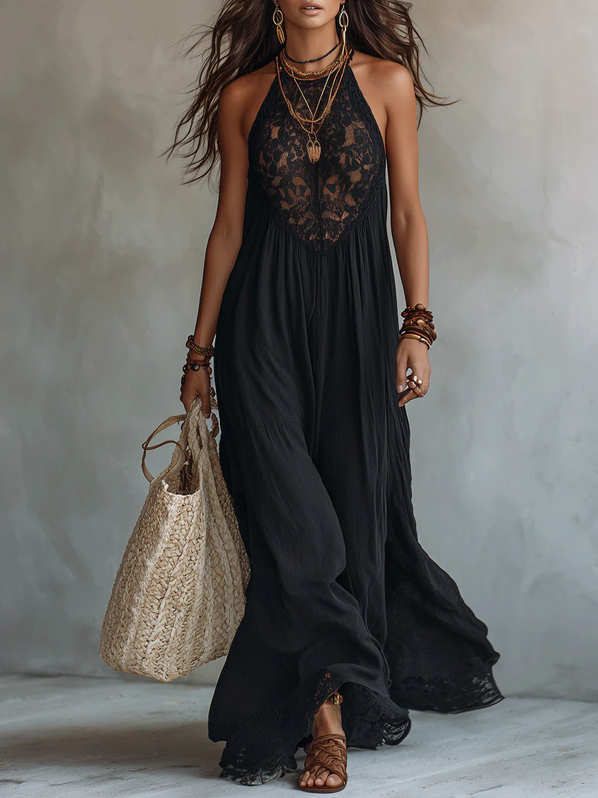 Abito Maxi Nero Senza Maniche con Pizzo Bohemien — Lucia Toscana (1)