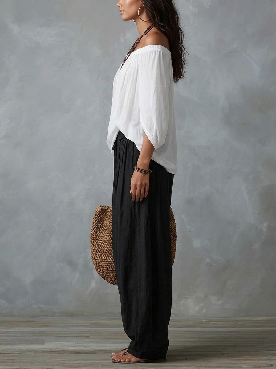 Set Top Bianco Off-Shoulder e Pantaloni Larghi — Lucia Toscana (3)