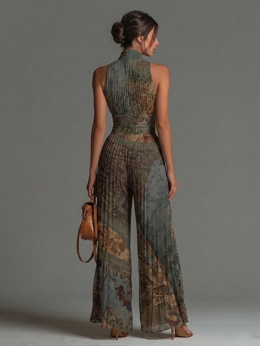 Tuta senza maniche in chiffon a pieghe con zip e stampa etnica bohemien