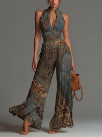 Jumpsuit in Chiffon con Stampa Etnica Bohemien Senza Maniche e Chiusura a Zip