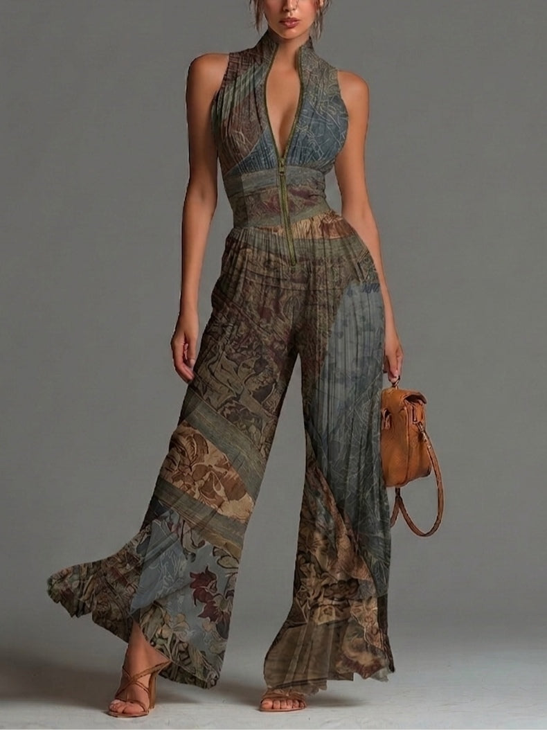 Tuta senza maniche in chiffon a pieghe con zip e stampa etnica bohemien