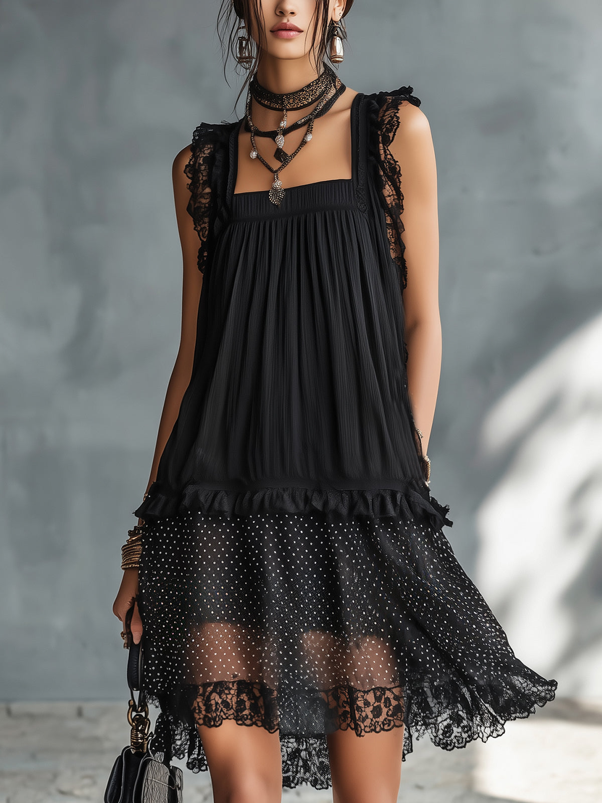 Delphy | Mini Transparent Dress with Polka Dots and Black Lace