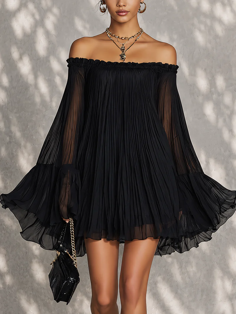 Léonie | Mini black dress with flared sleeves and off-shoulder design