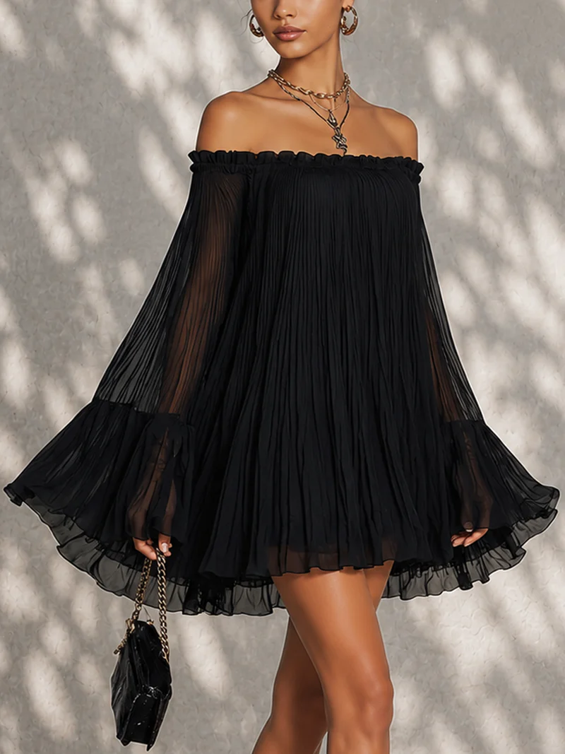 Léonie | Mini black dress with flared sleeves and off-shoulder design
