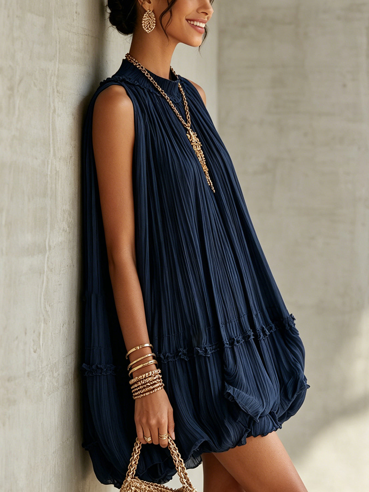 Océane | Mini Abito a Volant, Collo Halter, Blu Marino