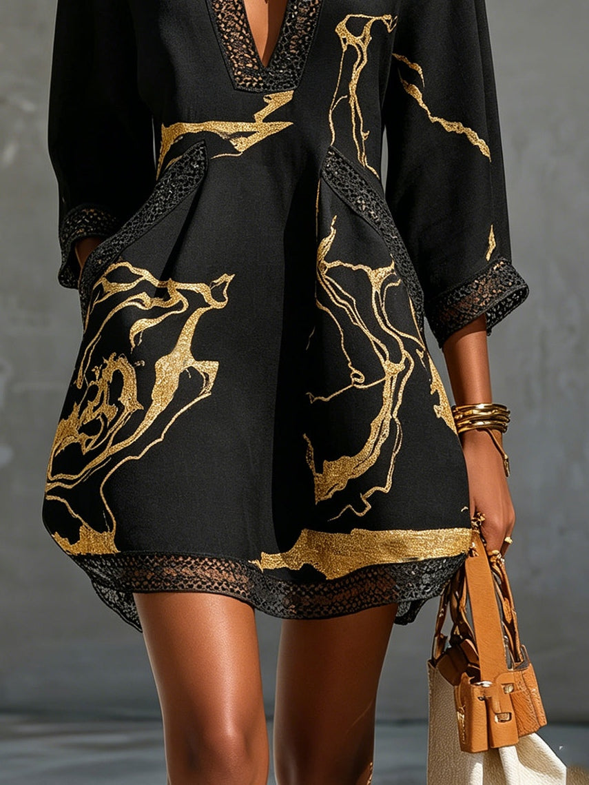 Amara | Short Printed Dress with Crochet V-Neck