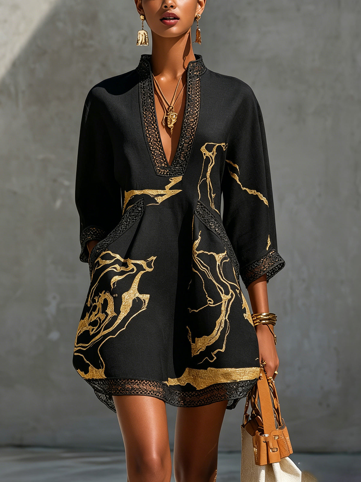 Alissa | Black and Gold Crochet Mini Dress