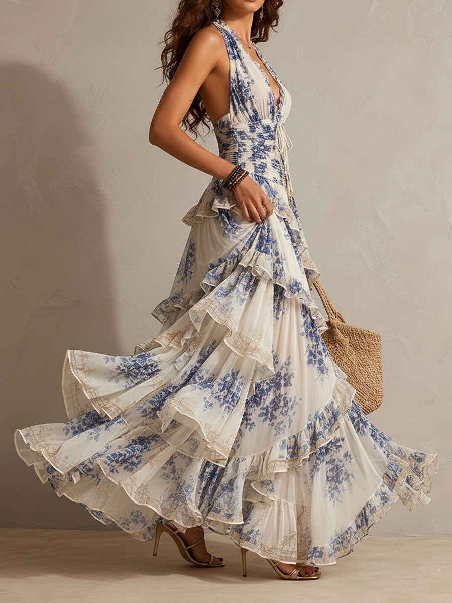 Abito Maxi Ruffle con Scollo a Halter e Stampa Floreale Blu e Bianca