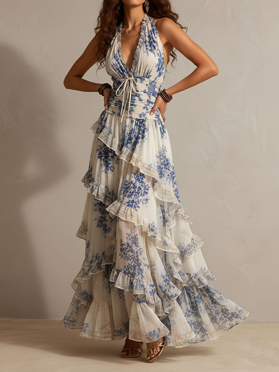 Abito Maxi Ruffle con Scollo a Halter e Stampa Floreale Blu e Bianca