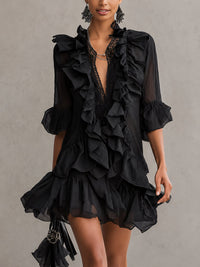 Abito Mini in Chiffon Nero con Rouches