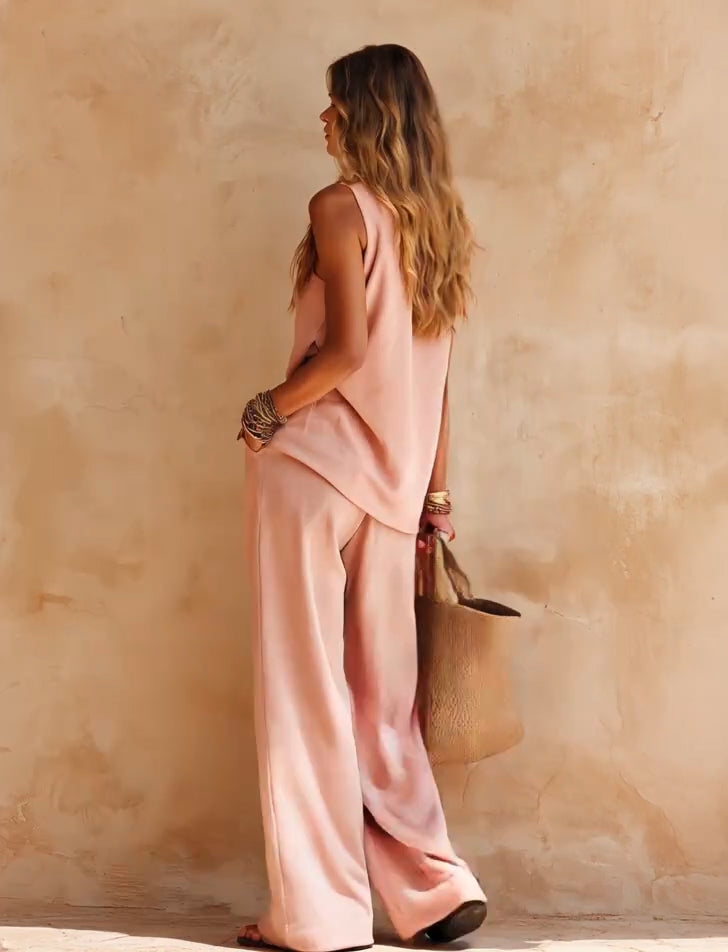 Completo Casual Top Senza Maniche Rosa a Spalla Unica e Pantaloni