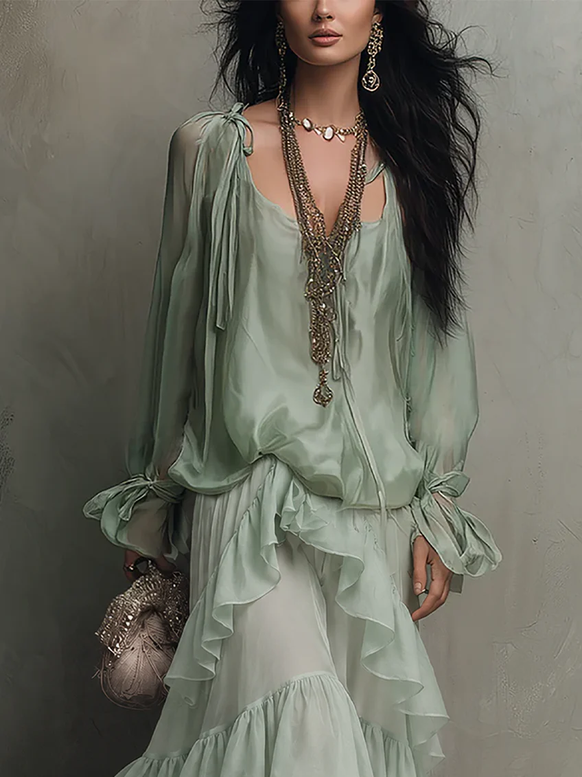Top in Chiffon Verde Menta con Ruches Abbinato a un Set di Gonna a Strati