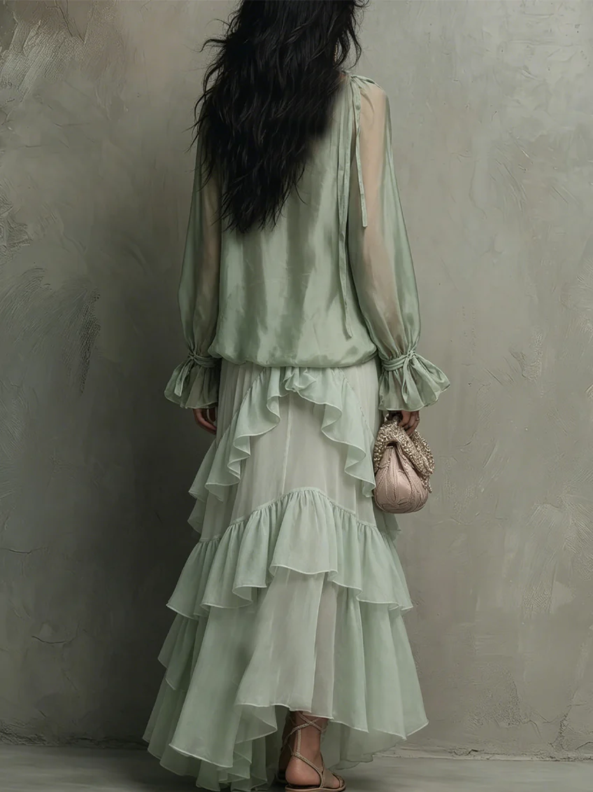 Top in Chiffon Verde Menta con Ruches Abbinato a un Set di Gonna a Strati