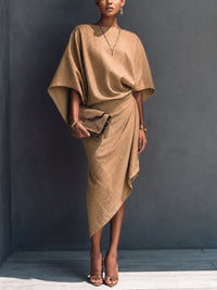 Abito Midi Asimmetrico Drappeggiato Color Khaki con Maniche Corte