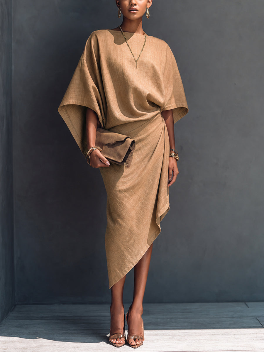 Abito Midi Asimmetrico Drappeggiato Color Khaki con Maniche Corte