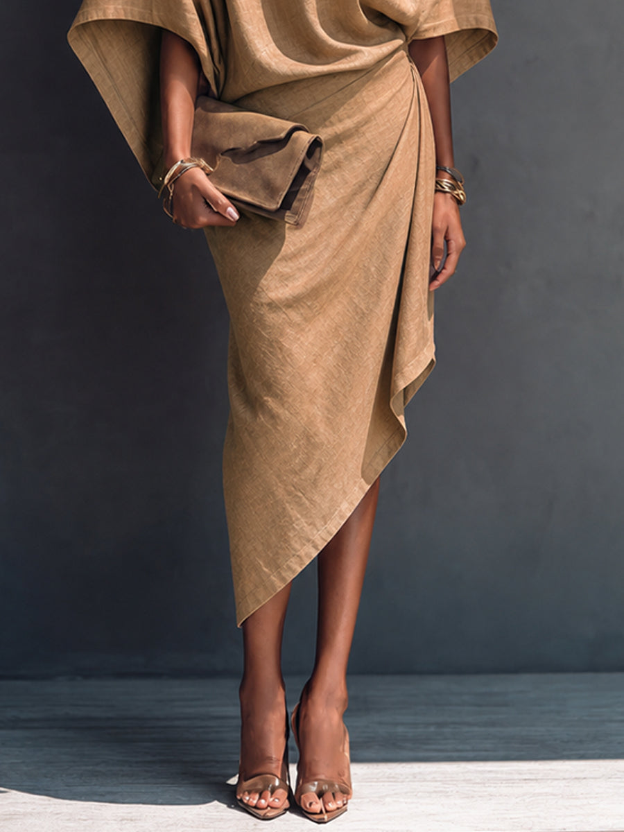 Abito Midi Asimmetrico Drappeggiato Color Khaki con Maniche Corte