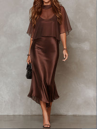 Set di Due Pezzi: Blusa in Chiffon Marrone e Abito Midi in Satin