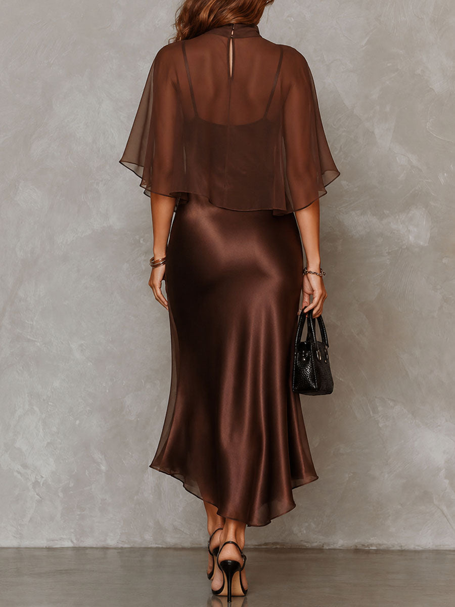Set di Due Pezzi: Blusa in Chiffon Marrone e Abito Midi in Satin
