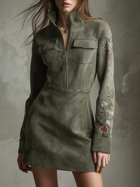 Abito Mini Mezza Zip in Suede Sintetico Ricamato Verde