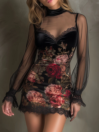 Églantine | Mini Abito in Tulle, Stampa Rose e Pizzo