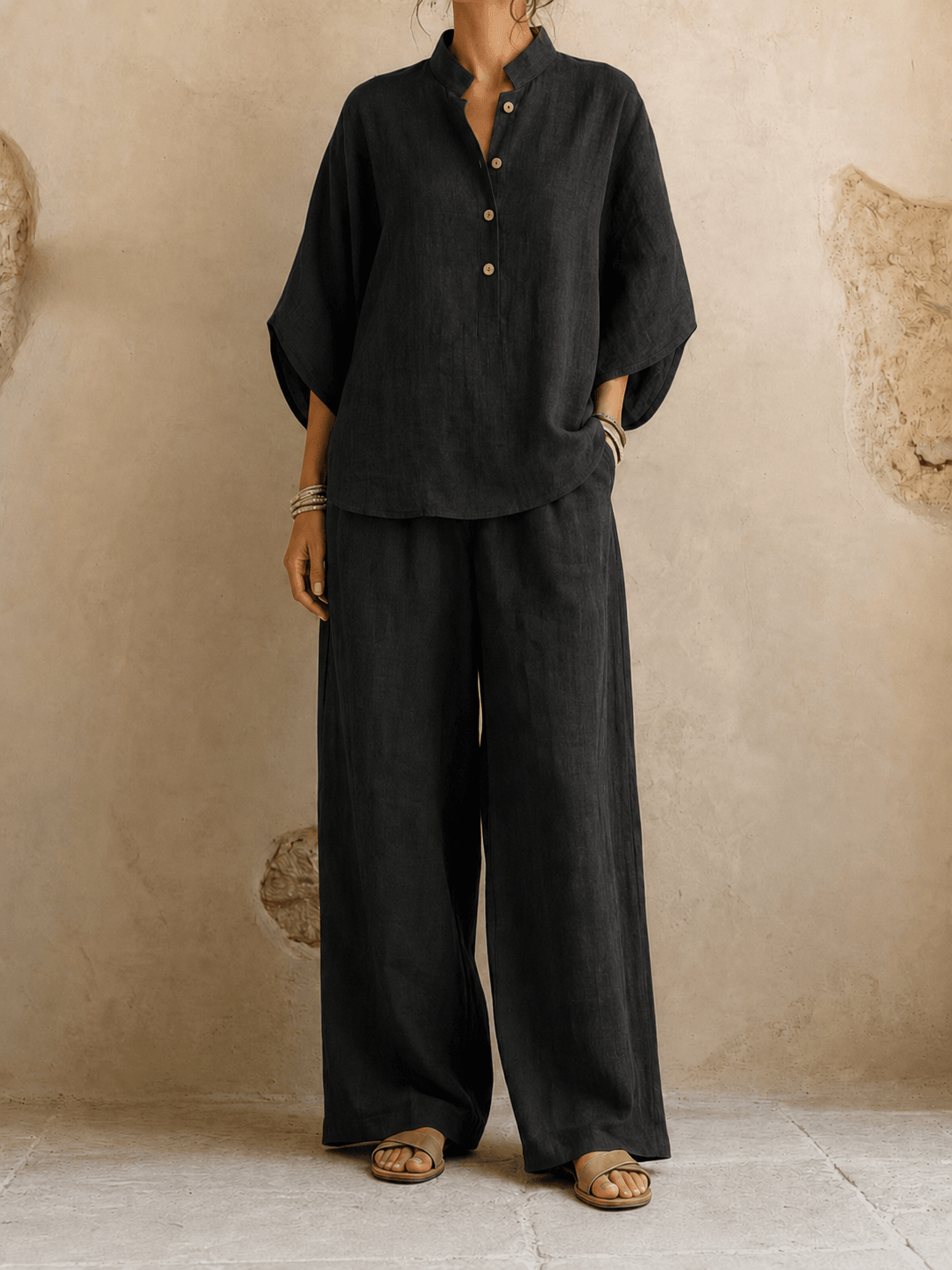 Maribel | Blusa in Lino con Maniche a Pipistrello e Pantaloni a Gamba Larga