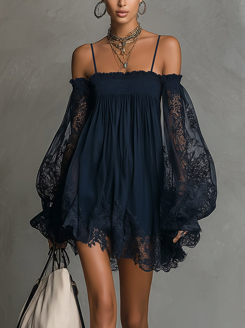 Noemi™ | Mini Abito in Chiffon di Pizzo Blu Navy