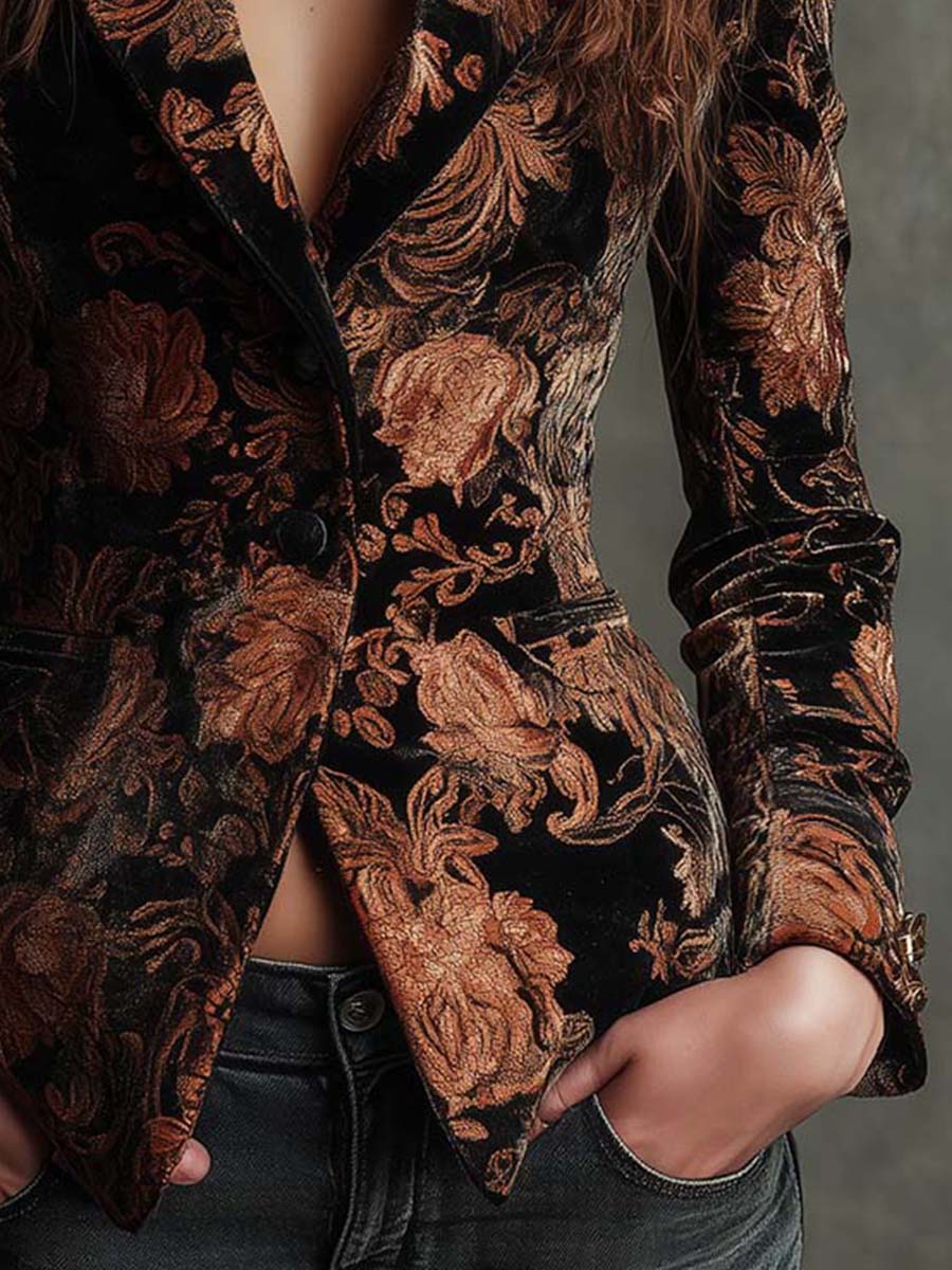 Blazer Tailored Nera e Bronzo con Stampa Floreale per Donne
