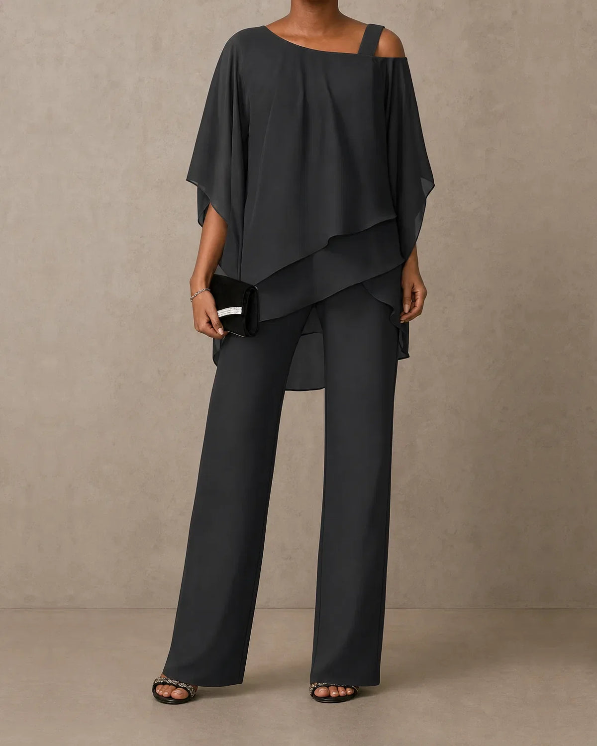 Yvette | Top Drappeggiato a Spalla Scoperta & Set Pantaloni a Gamba Larga