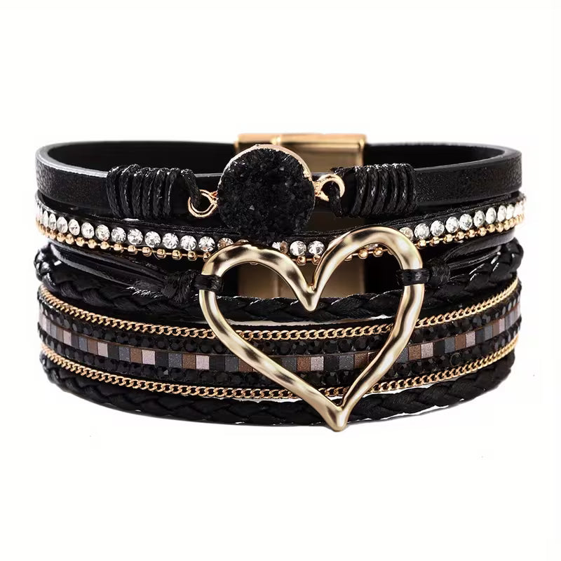 Georgia - Bracciale in Pelle a Strati con Cuore Bohemien