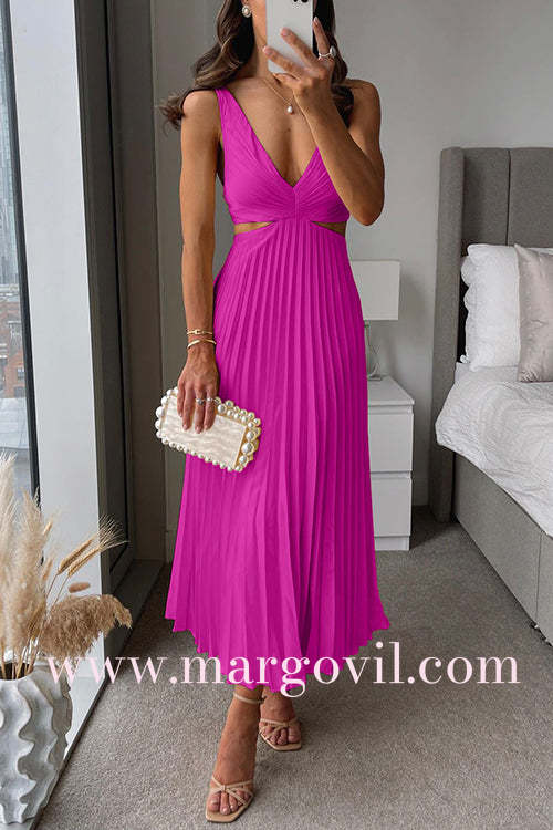 7 Colori Abito Maxi Senza Maniche Plissettato con Scollo a V e Vita Scoperta
