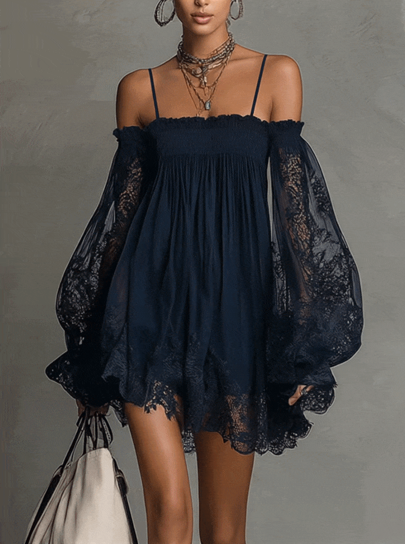 Noemi™ | Mini Abito in Chiffon di Pizzo Blu Navy
