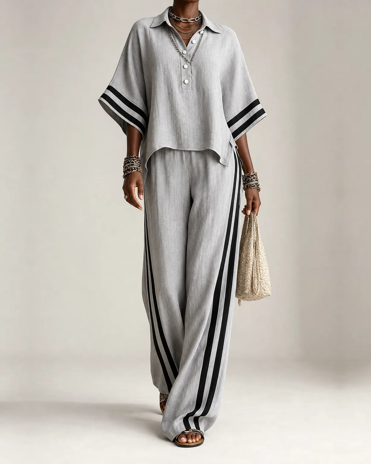 Naima | Top con Collo Polo e Set Pantaloni Larghi a Strisce Laterali