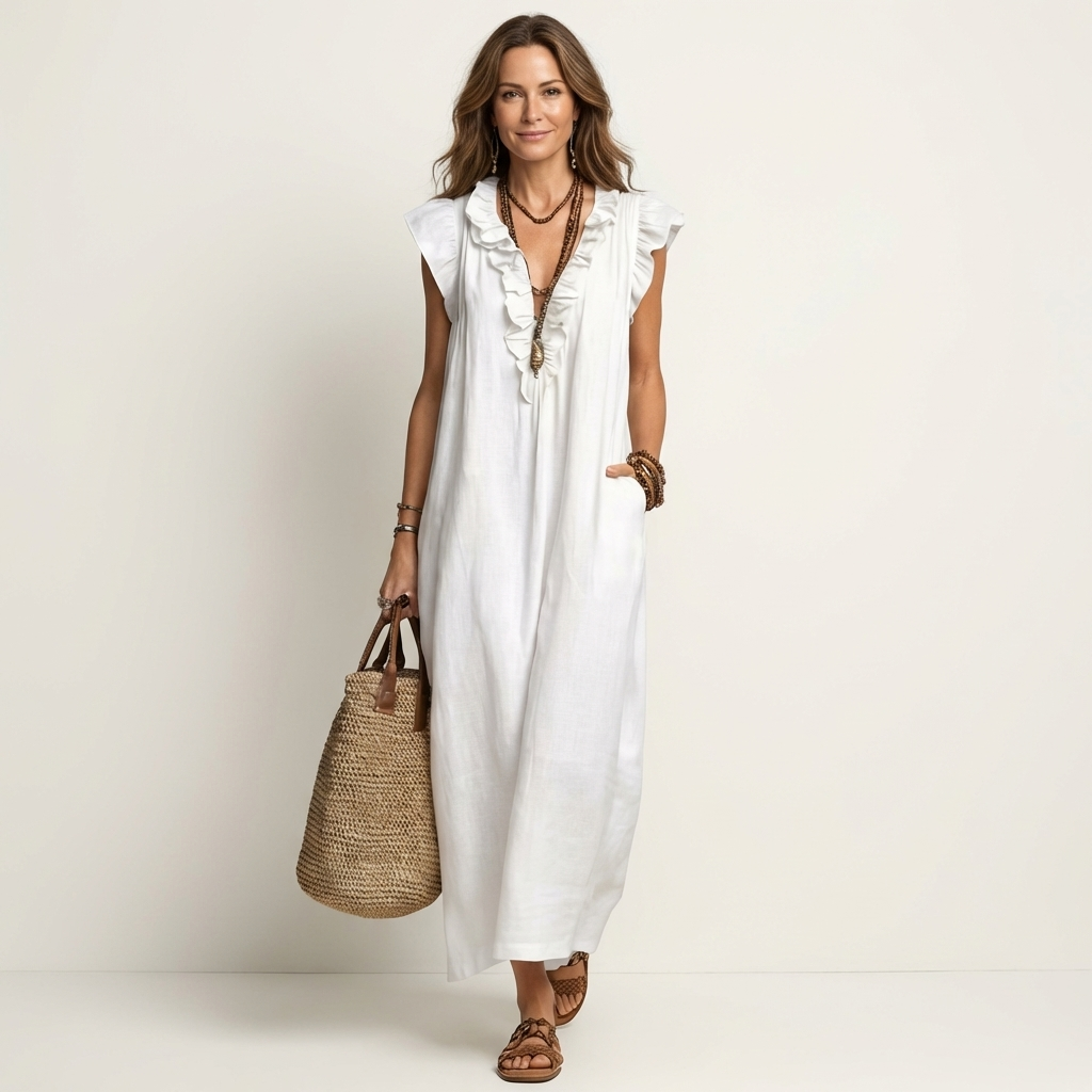 Josette | Abito Maxi in Lino con Volant e Scollo a V