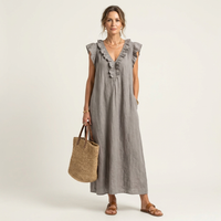 Josette | Abito Maxi in Lino con Rouches e Scollatura a V