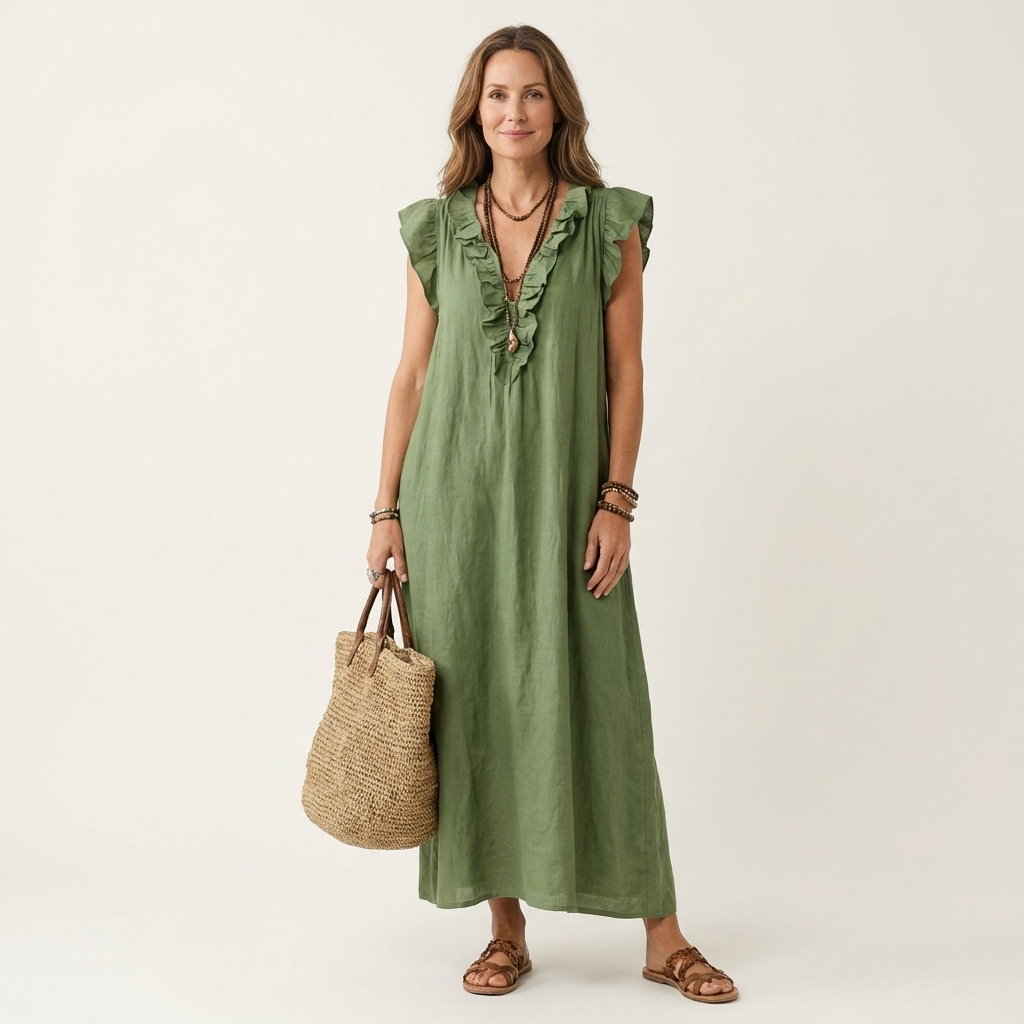 Josette | Abito Maxi in Lino con Volant e Scollo a V