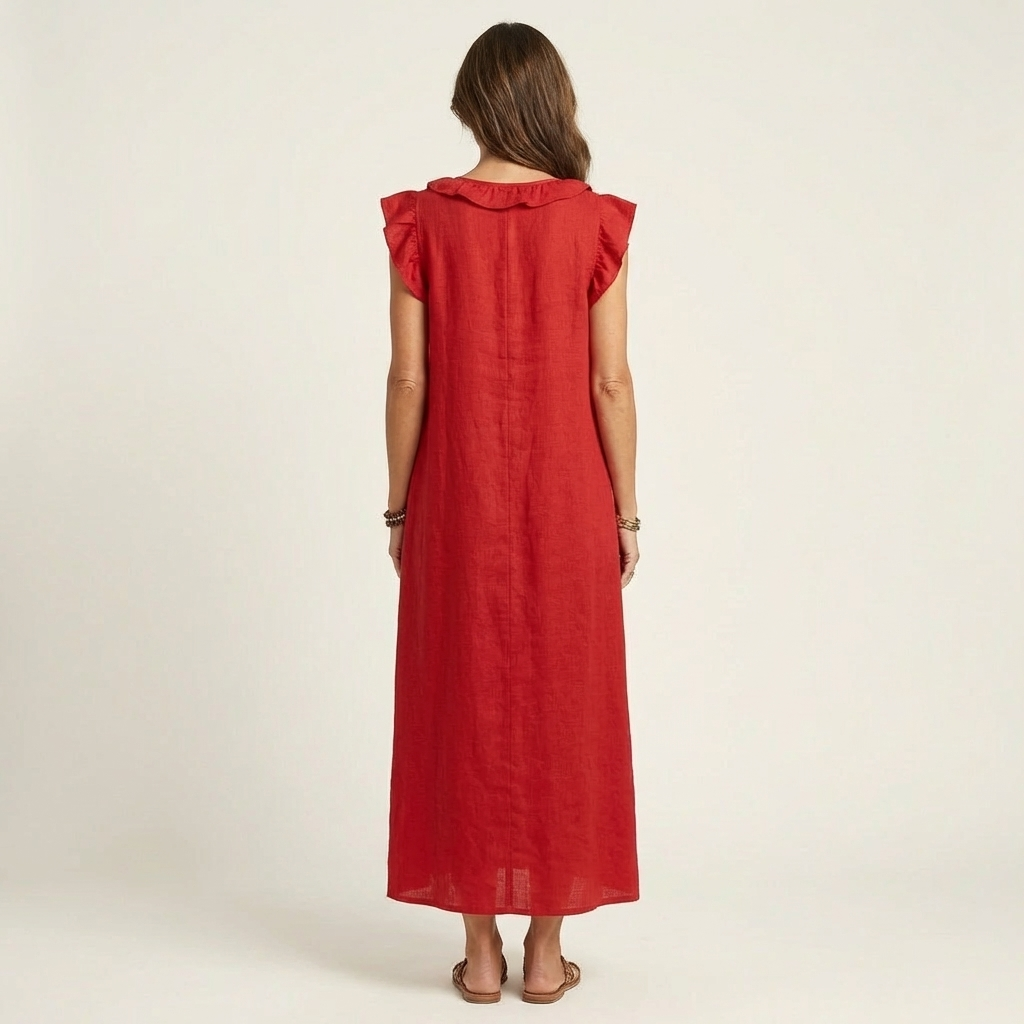 Josette | Abito Maxi in Lino con Volant e Scollo a V