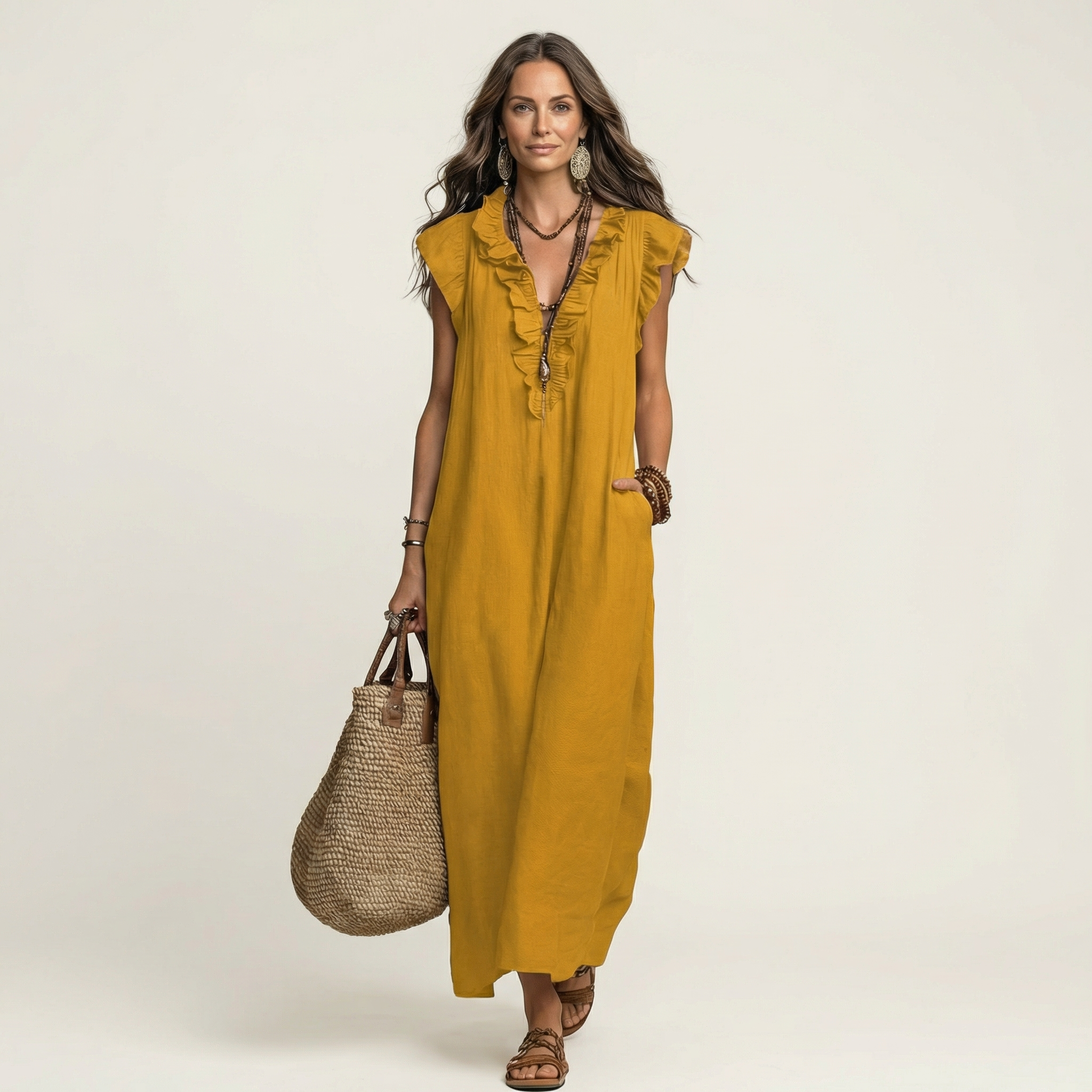 Josette | Abito Maxi in Lino con Volant e Scollo a V