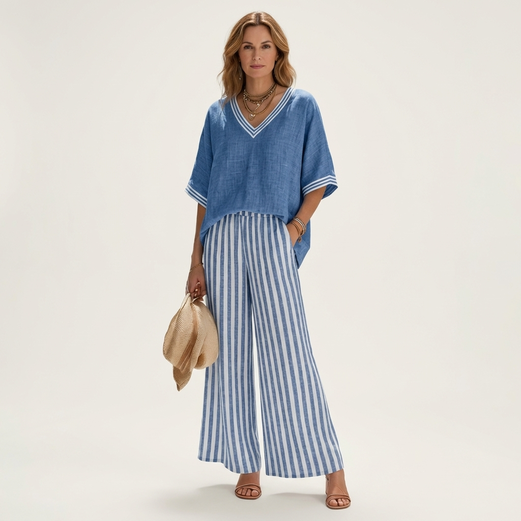 Juliana | Top Varsity a V e Set Pantaloni a Righe a Gamba Larga