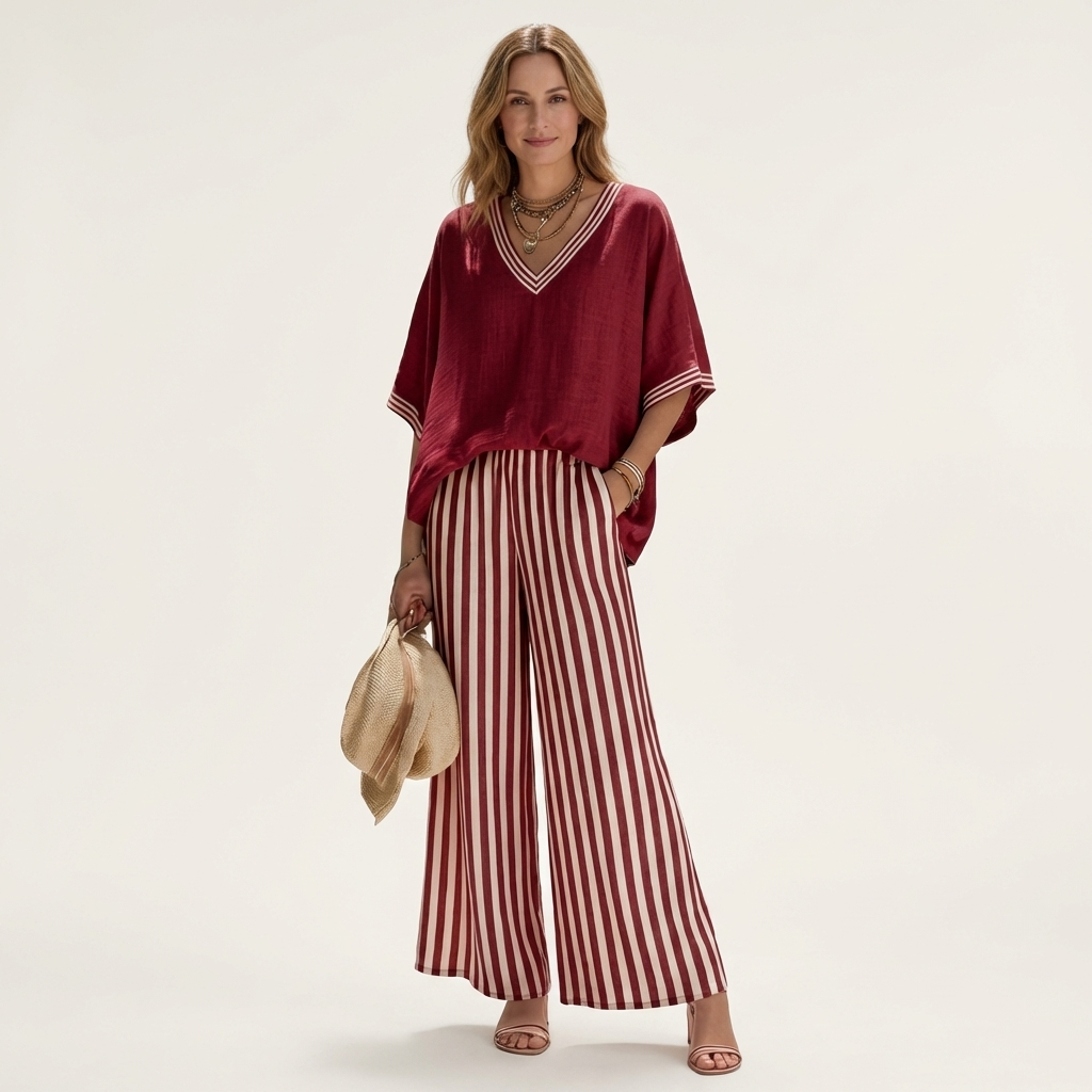 Juliana | Top Varsity a V e Set Pantaloni a Righe a Gamba Larga