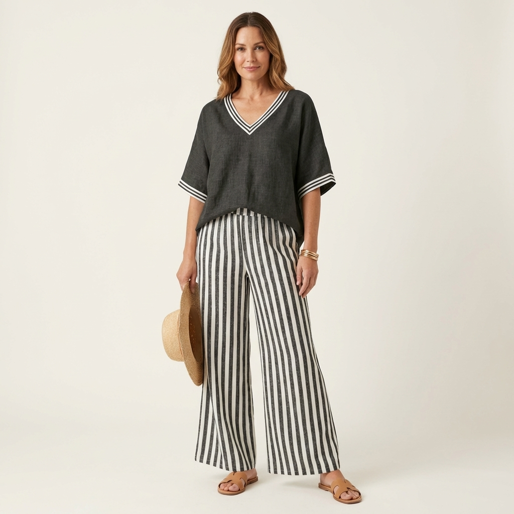 Juliana | Top Varsity a V e Set Pantaloni a Righe a Gamba Larga