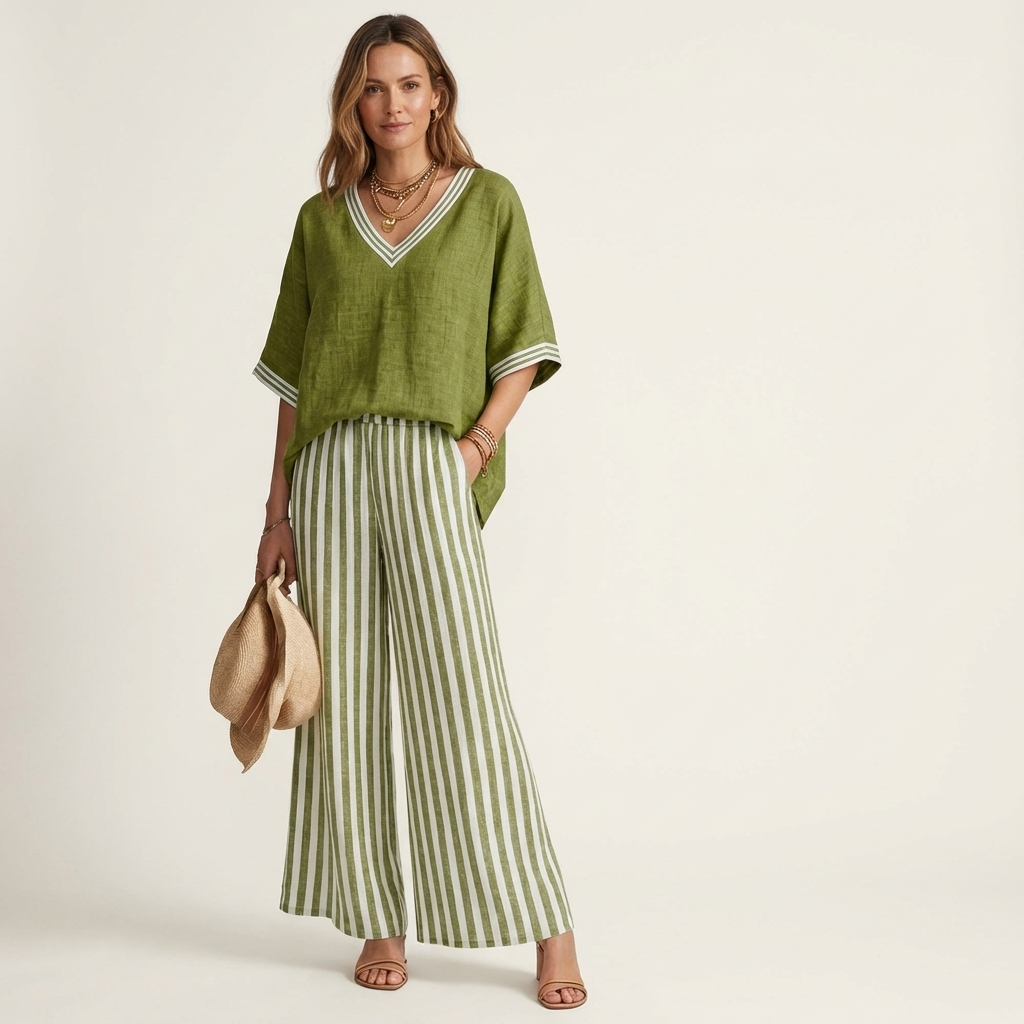 Juliana | Top Varsity a V e Set Pantaloni a Righe a Gamba Larga