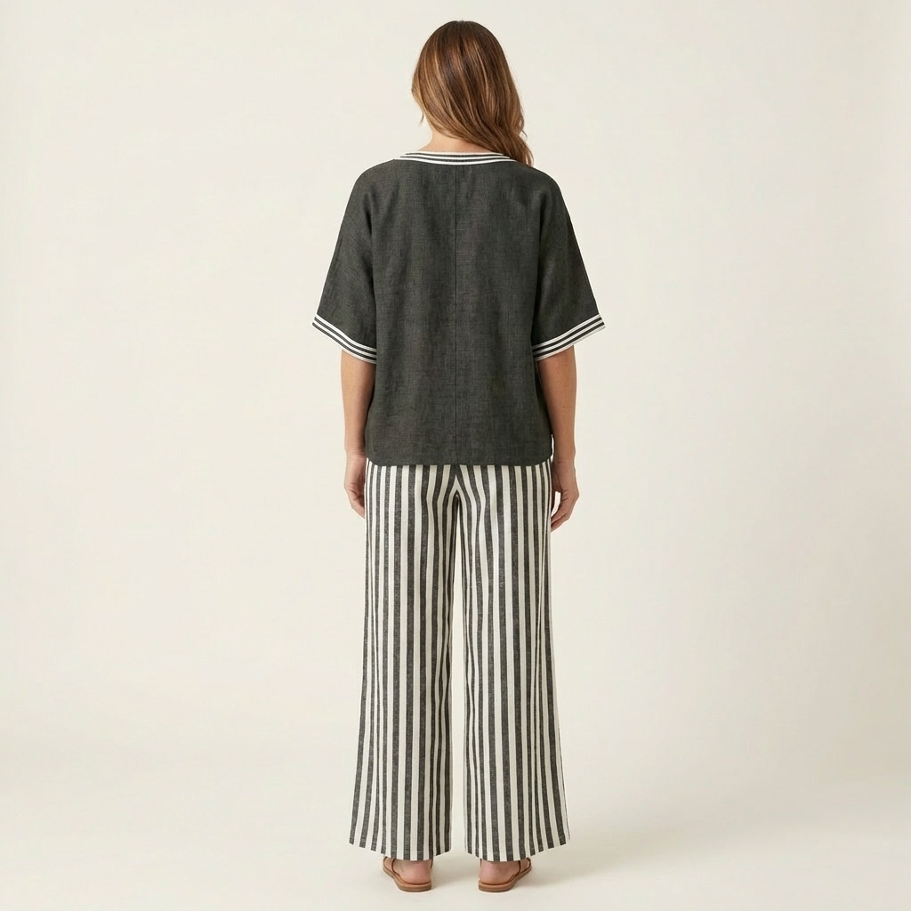 Juliana | Top Varsity a V e Set Pantaloni a Righe a Gamba Larga