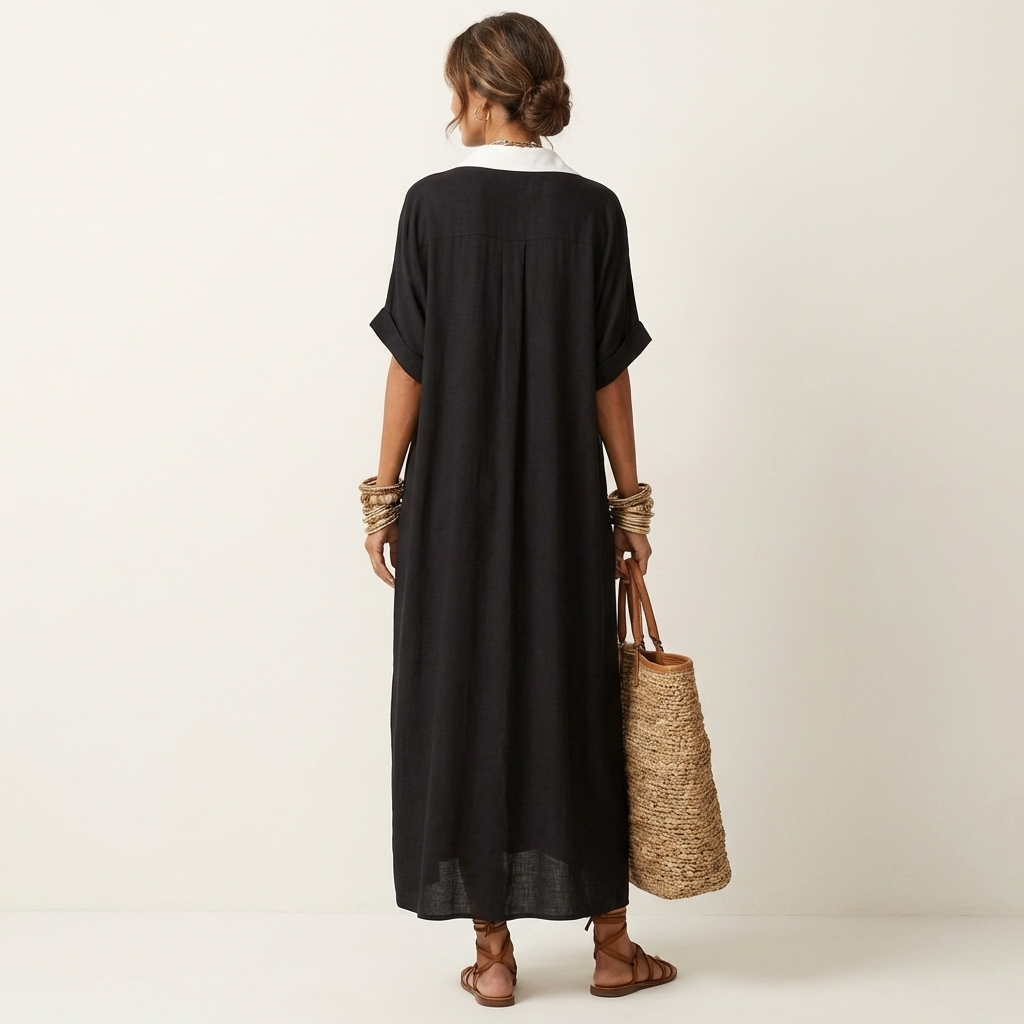 Kamira | Abito Camicia Maxi a Maniche Corte con Collo a Contrasto e Bottoni