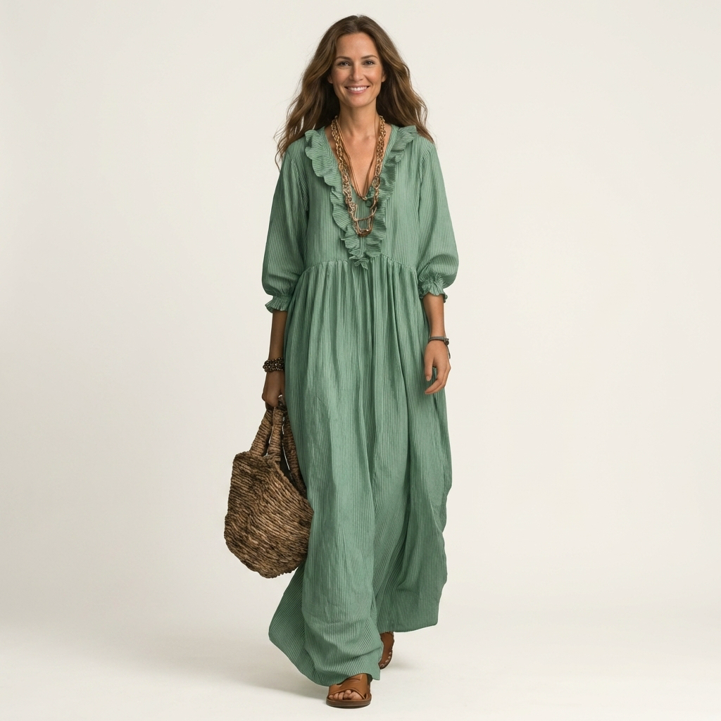 Yosetta | Abito Maxi a Righe con Scollatura a V e Maniche a Lanterne