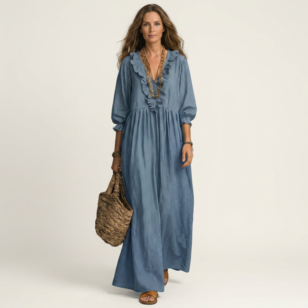 Yosetta | Abito Maxi a Righe con Scollatura a V e Maniche a Lanterne